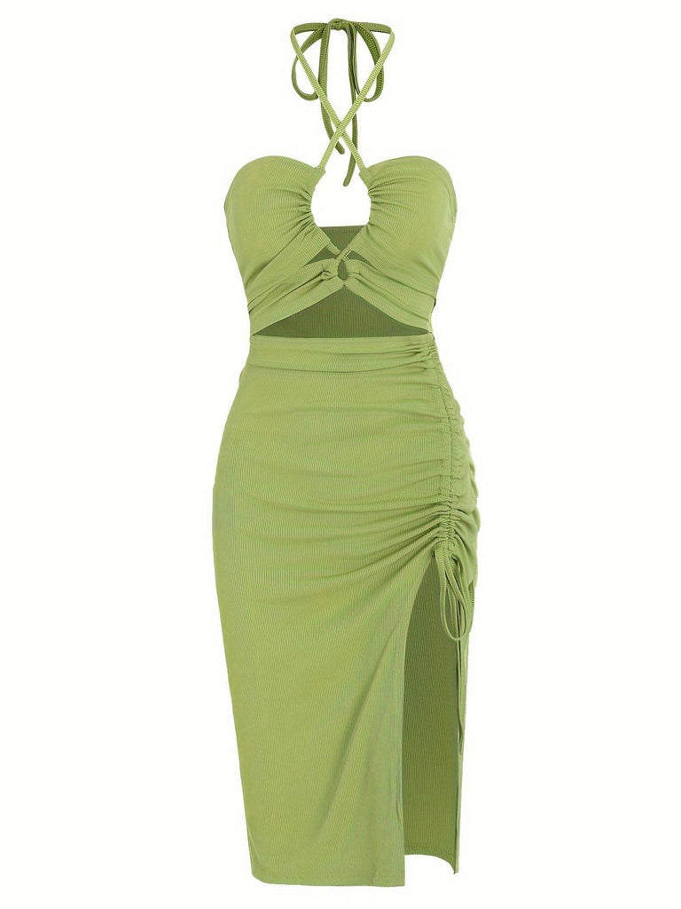 1960s Solid Drawstring Cut-Out Bodycon Dress - vintage dress, retro fashion