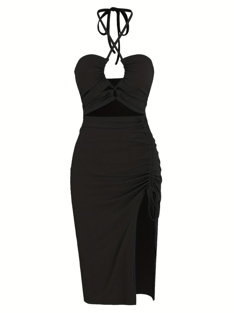 1960s Solid Drawstring Cut-Out Bodycon Dress - vintage dress, retro fashion