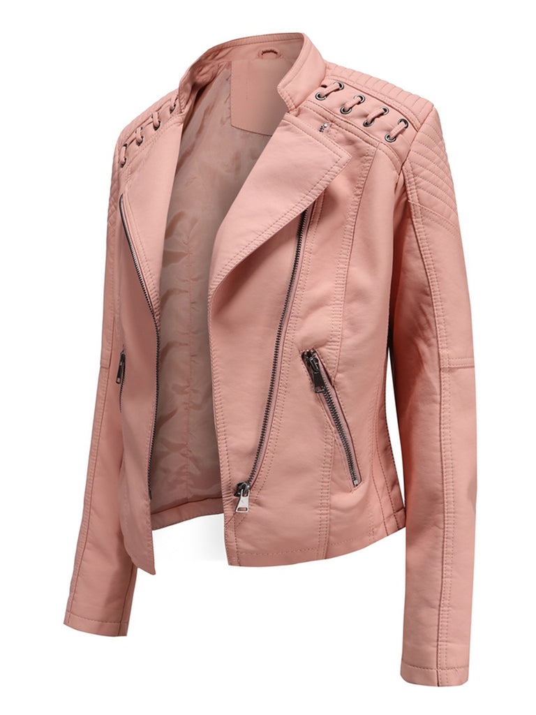 1960s Solid Faux Leather Motorcycle Jacket — 1960s style that speaks before she does