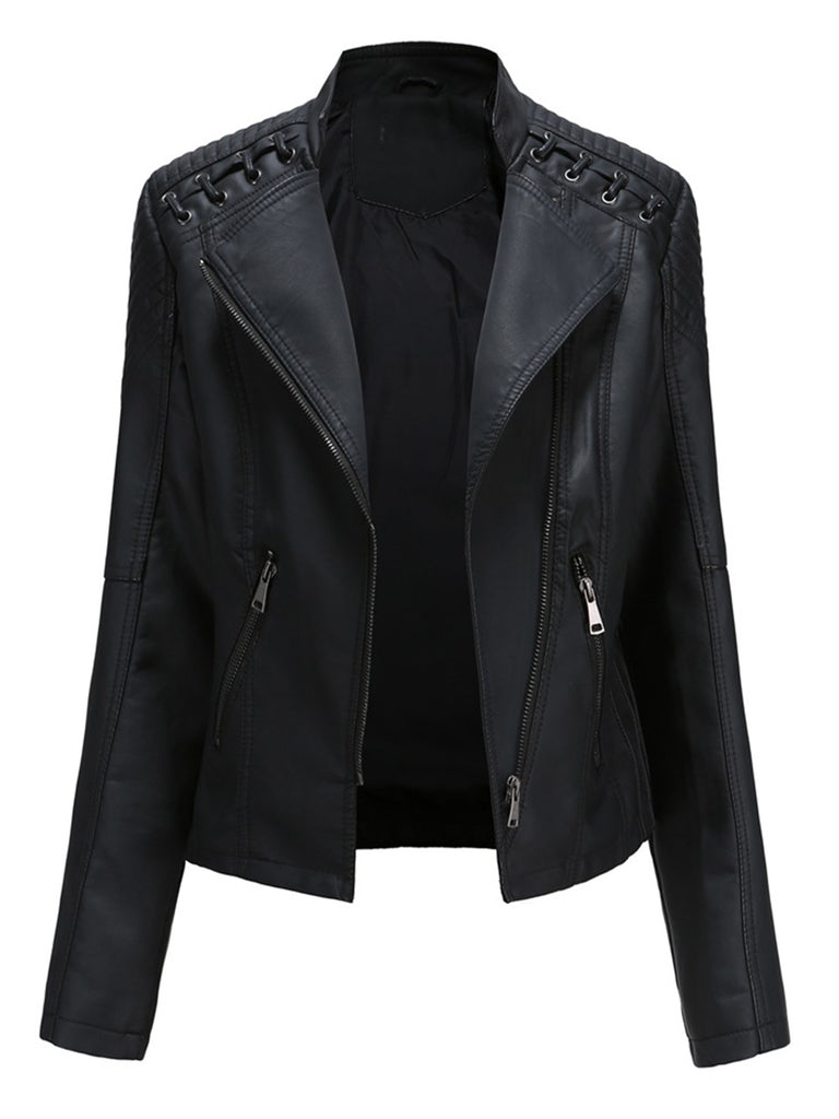 She throws on this 1960s Solid Faux Leather Motorcycle Jacket and the city feels like 1960s Paris