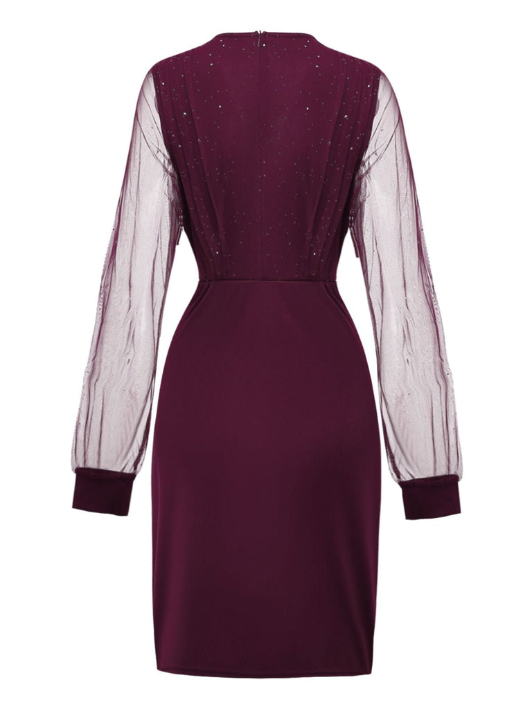 1960s Solid Glitter V-Neck Mesh Bodycon Dress - vintage dress, retro fashion
