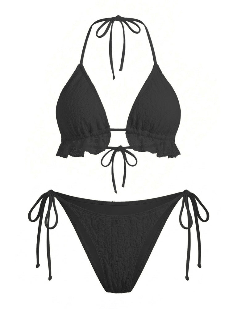 1960s Solid Halter Lace Bikini Set & Ruffle Cover-Up - vintage fashion, retro style