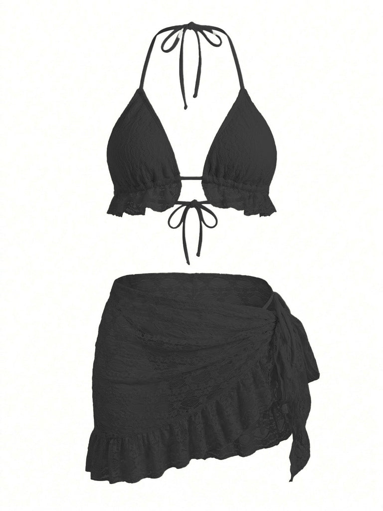 1960s Solid Halter Lace Bikini Set & Ruffle Cover-Up - vintage fashion, retro style
