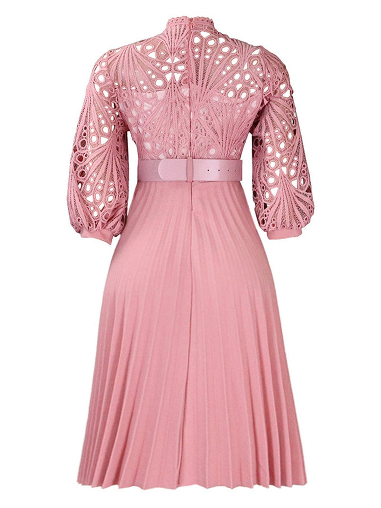 1960s Solid Lace Crochet Pleated Belted Dress — the kind of 1960s dress that makes strangers smile