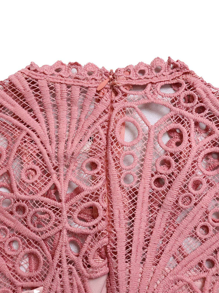 She slips into this 1960s Solid Lace Crochet Pleated Belted Dress and suddenly it's a 1960s daydream