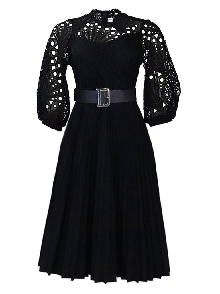 She slips into this 1960s Solid Lace Crochet Pleated Belted Dress and suddenly it's a 1960s daydream