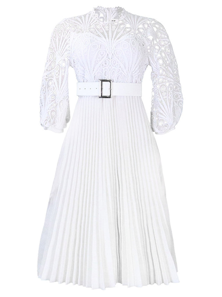 She slips into this 1960s Solid Lace Crochet Pleated Belted Dress and suddenly it's a 1960s daydream