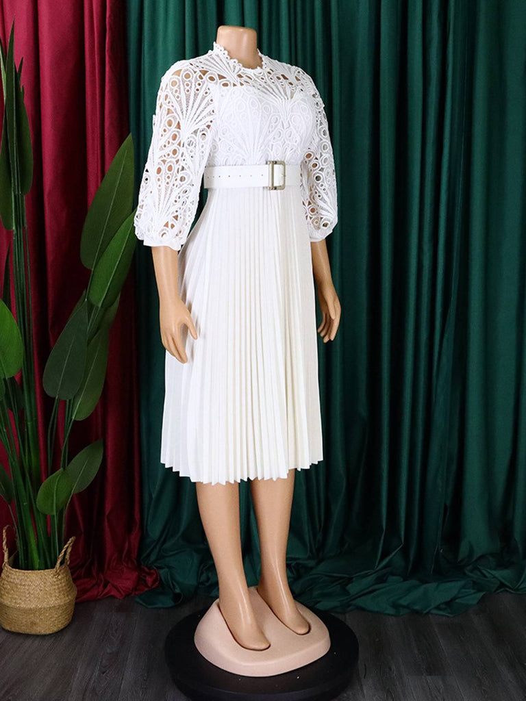 1960s Solid Lace Crochet Pleated Belted Dress: where 1960s romance meets her modern spirit