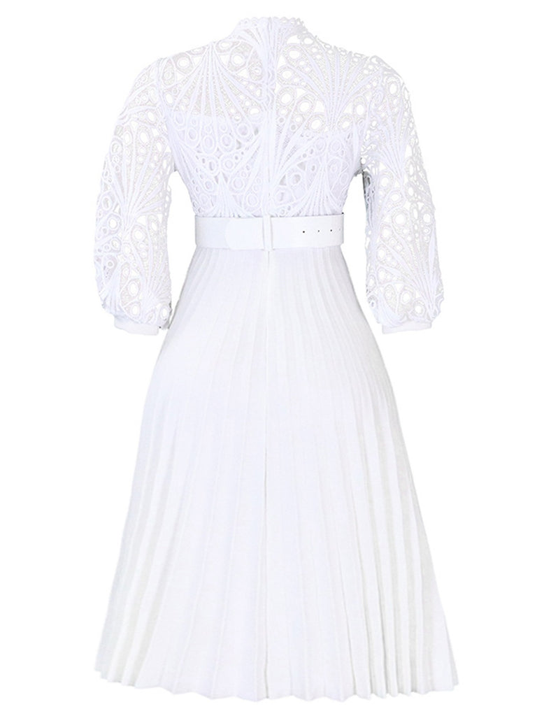 This 1960s Solid Lace Crochet Pleated Belted Dress wraps her in 1960s elegance, one twirl at a time