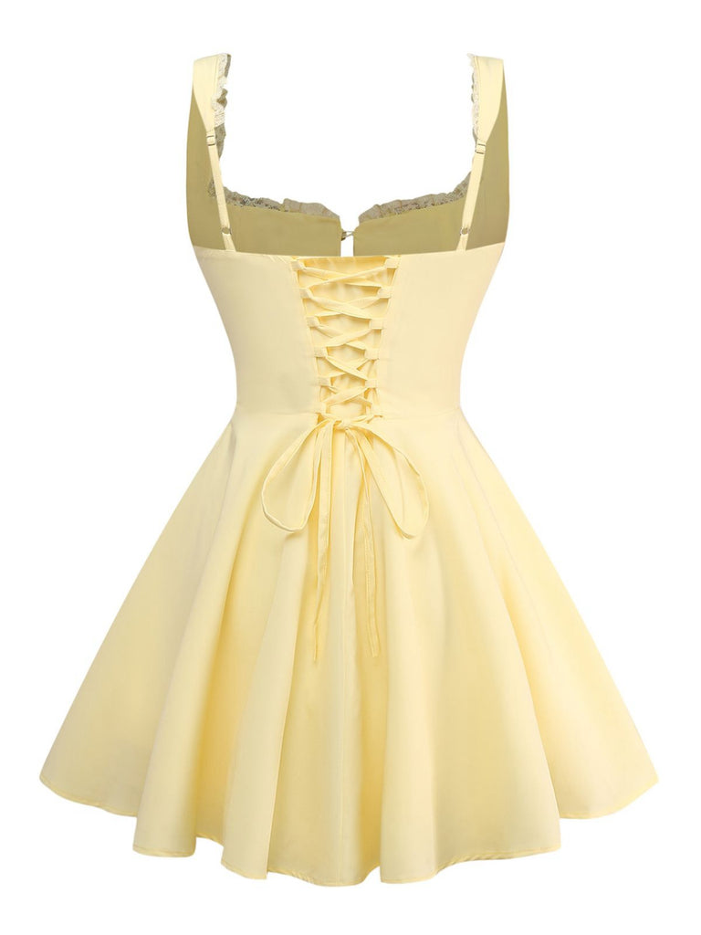 Yellow 1960s Solid Lace Straps Lace-Up Skater Dress | vintage dress, retro fashion, elegant style - perfect for retro fashion enthusiasts