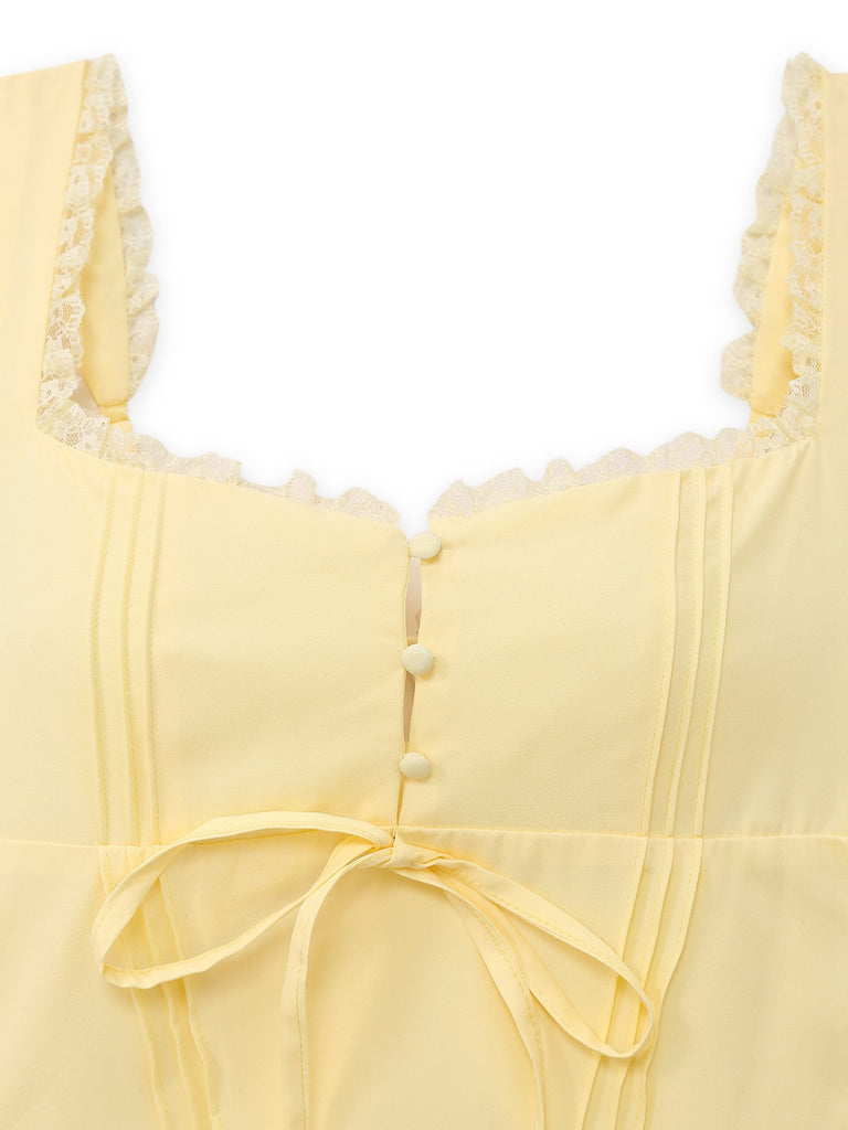 Yellow 1960s Solid Lace Straps Lace-Up Skater Dress - vintage dress, retro fashion, elegant style for vintage lovers