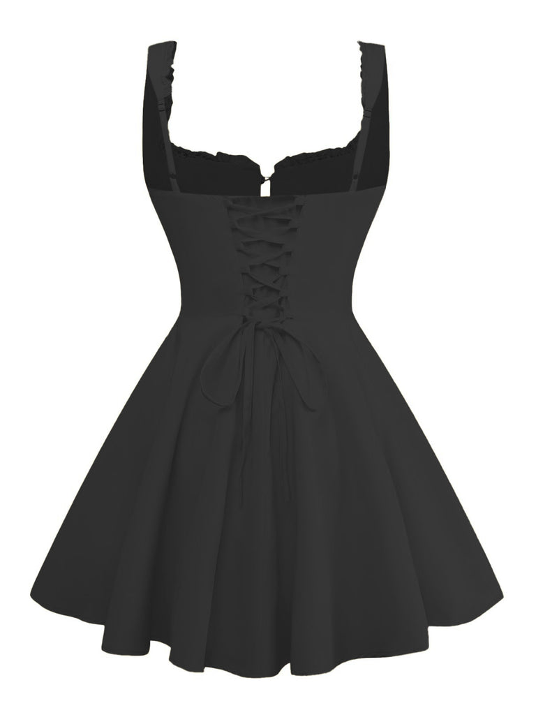 1960s Solid Lace Straps Lace-Up Skater Dress - vintage dress, retro fashion