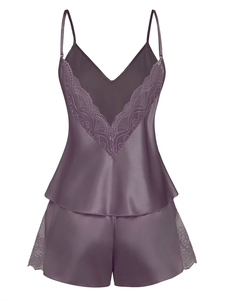 1960s Solid Lace Trim Satin Cami Patchwork Pajama Set - vintage fashion, retro style