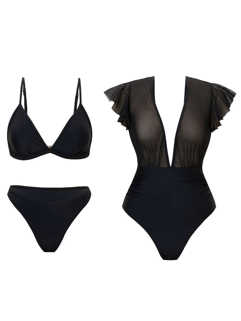 1960s Solid Mesh Plunge Bikini Set & Cover-Up - vintage fashion, retro style