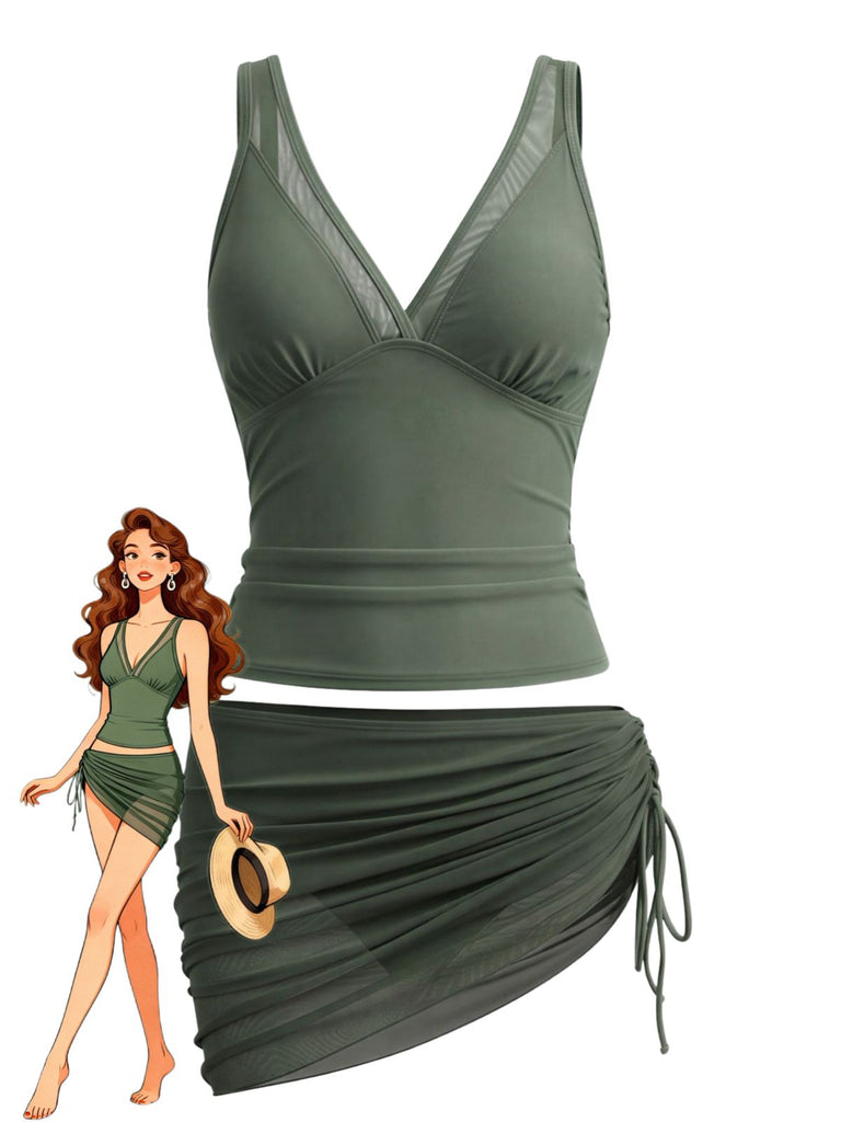 1960s Solid Mesh V-Neck Tankini Set & Ruched Skirt, vintage skirt, retro style - perfect for women who love vintage and retro fashion