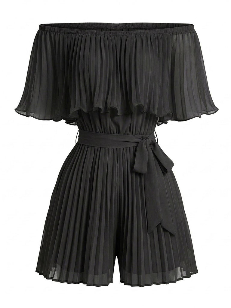 1960s Solid Off Shoulder Pleated Romper 2