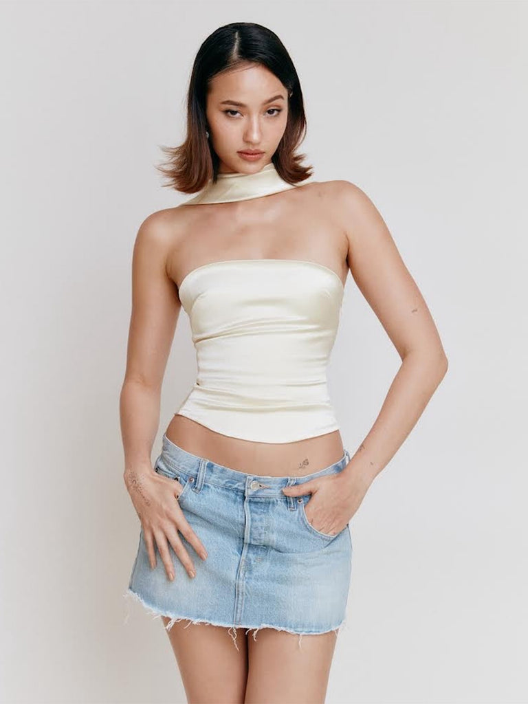1960s Solid Satin Halter Neck Tube Top - vintage fashion, retro style