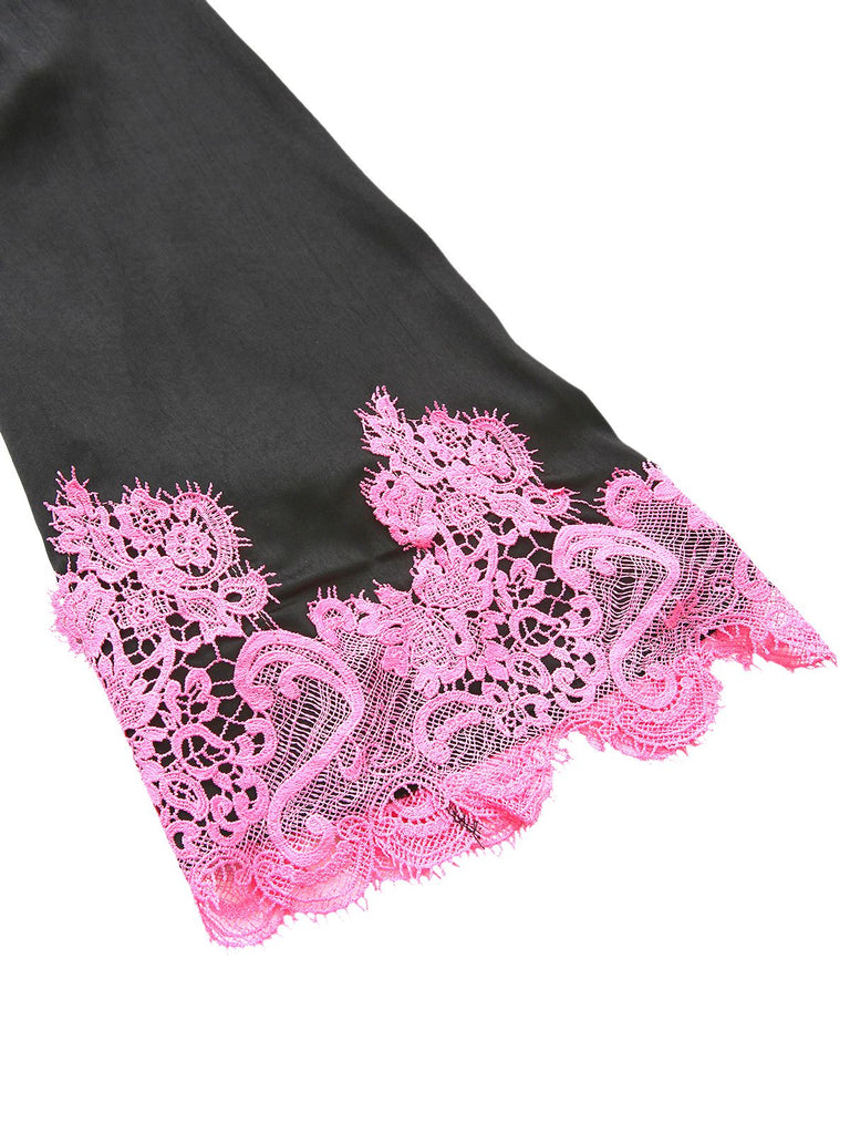 1960s Solid Satin Lace Trim Patchwork Tie Dress - vintage dress, retro fashion