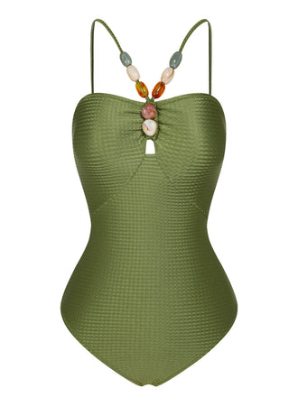 1960s Solid Textured Bandeau Halter Swimsuit, vintage swimsuit, pin-up swimwear - perfect for women who love vintage and retro fashion