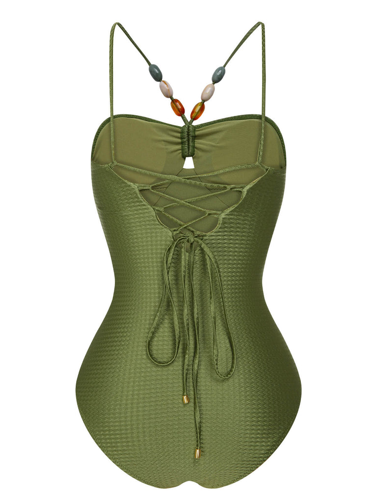 1960s Solid Textured Bandeau Halter Swimsuit, vintage swimsuit, pin-up swimwear - perfect for women who love vintage and retro fashion