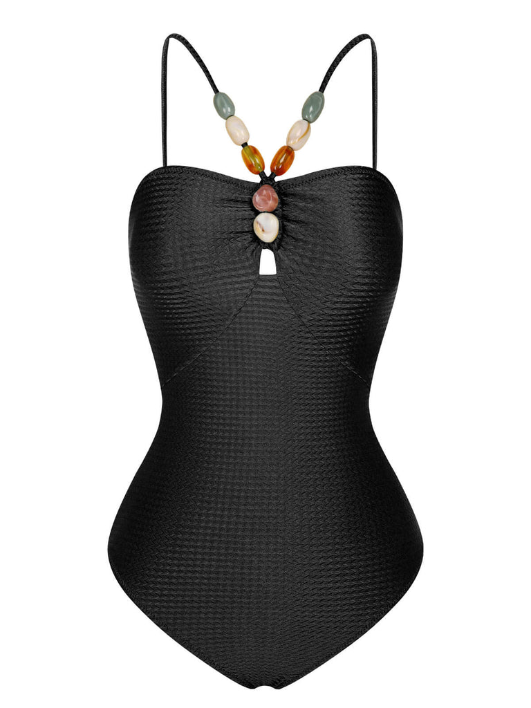 1960s Solid Textured Bandeau Halter Swimsuit, vintage swimsuit, pin-up swimwear - perfect for women who love vintage and retro fashion
