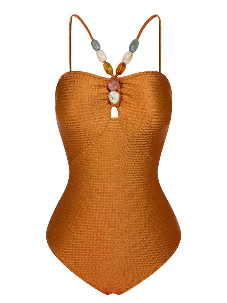 1960s Solid Textured Bandeau Halter Swimsuit, vintage swimsuit, pin-up swimwear - perfect for women who love vintage and retro fashion