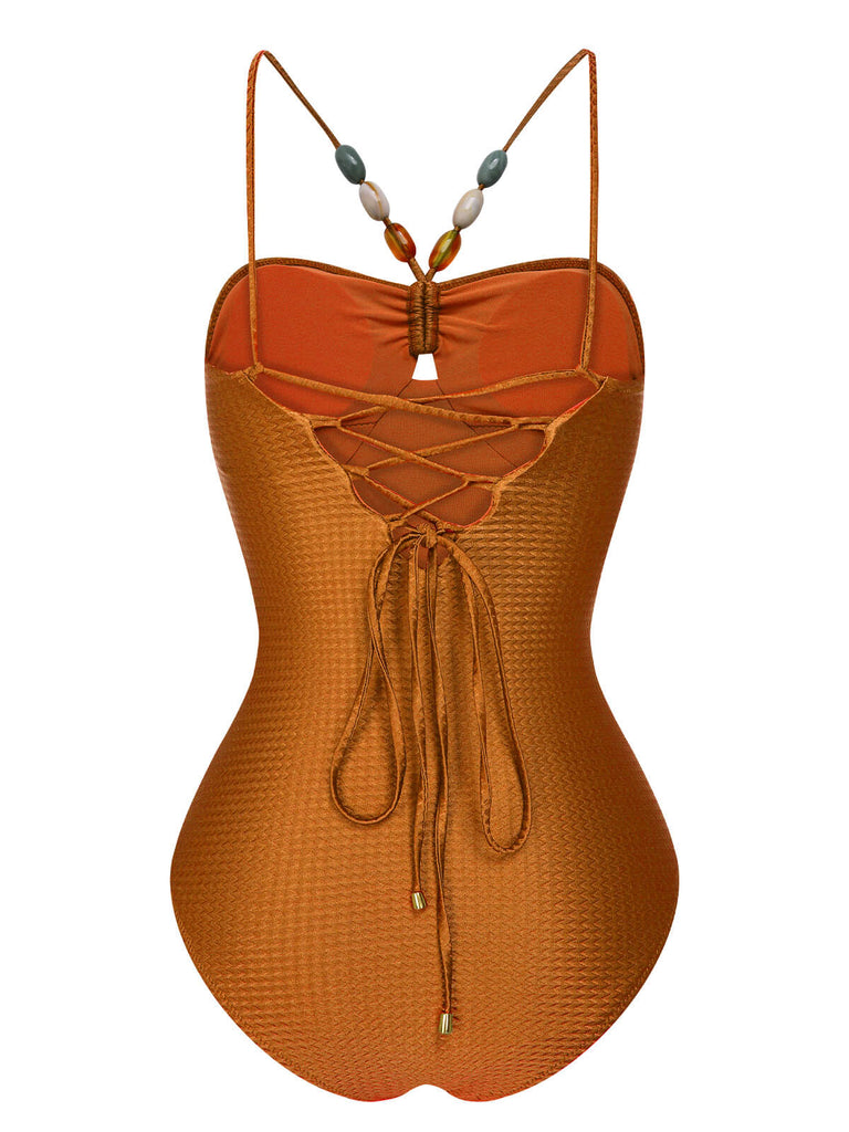 1960s Solid Textured Bandeau Halter Swimsuit, vintage swimsuit, pin-up swimwear - perfect for women who love vintage and retro fashion
