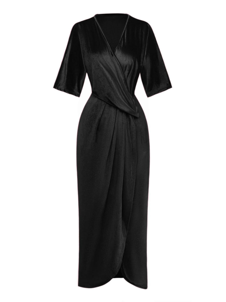 1960s Solid Velvet Half-Sleeve Dress - vintage dress, retro fashion