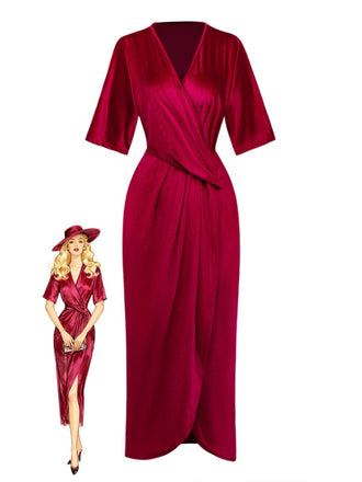 1960s Solid Velvet Half-Sleeve Dress - vintage dress, retro fashion