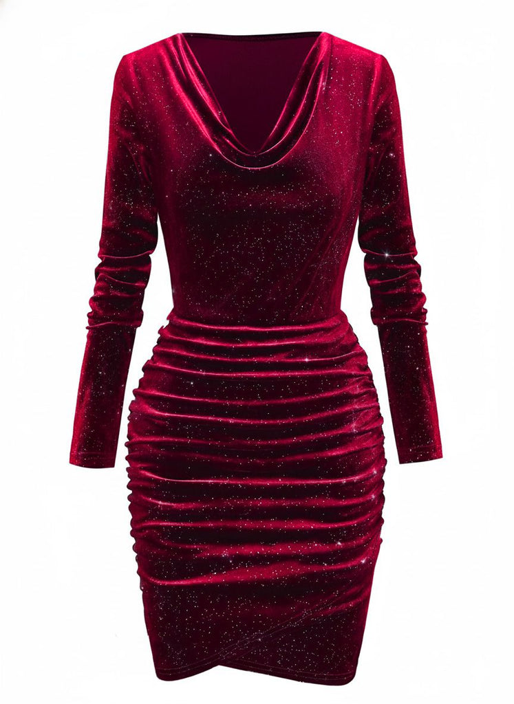 1960s Solid Velvet Long Sleeve Cowl Neck Dress - vintage dress, retro fashion