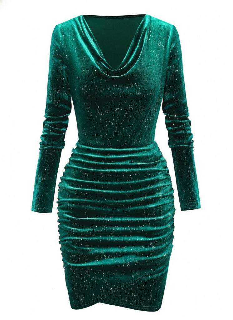 1960s Solid Velvet Long Sleeve Cowl Neck Dress - vintage dress, retro fashion
