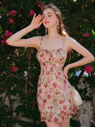 1960s Spaghetti Strap Floral Ruffled Dress - vintage dress, retro fashion