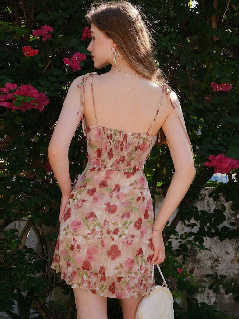 1960s Spaghetti Strap Floral Ruffled Dress - vintage dress, retro fashion