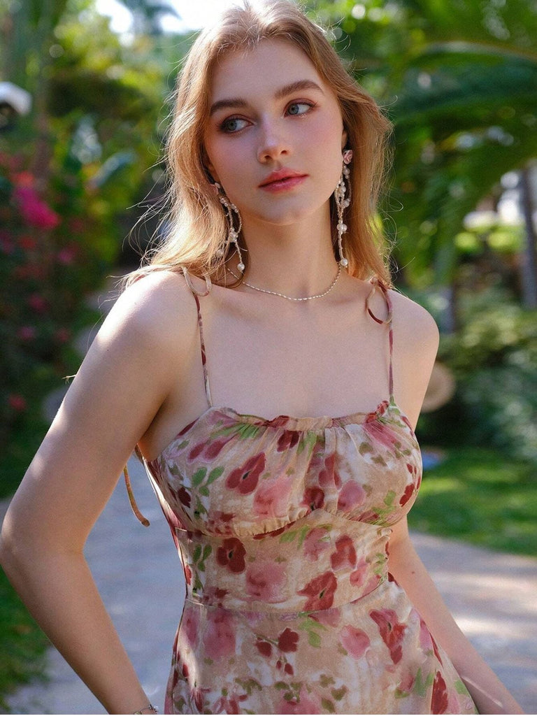 1960s Spaghetti Strap Floral Ruffled Dress - vintage dress, retro fashion