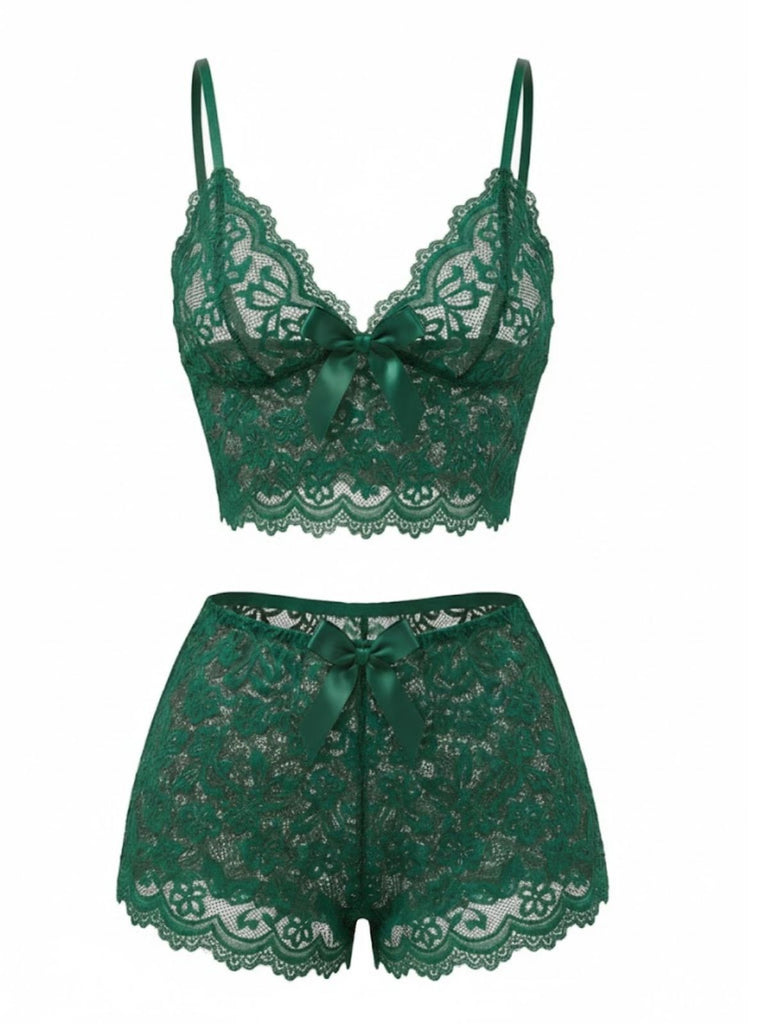 1960s Spaghetti Strap Lace Floral Bow Pajama Set - vintage fashion, retro style