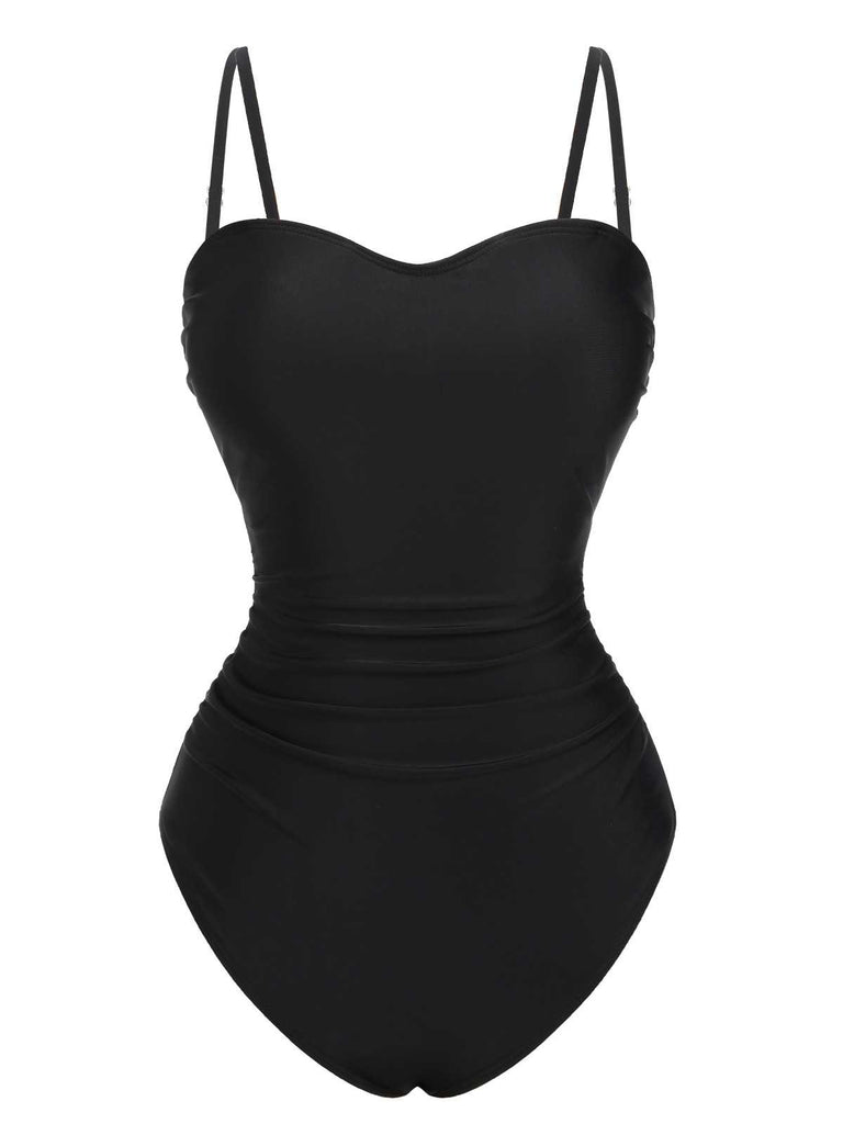 1960s Spaghetti Strap Plants Solid One-Piece Swimsuit — 1960s poolside glamour meets sun-drenched confidence