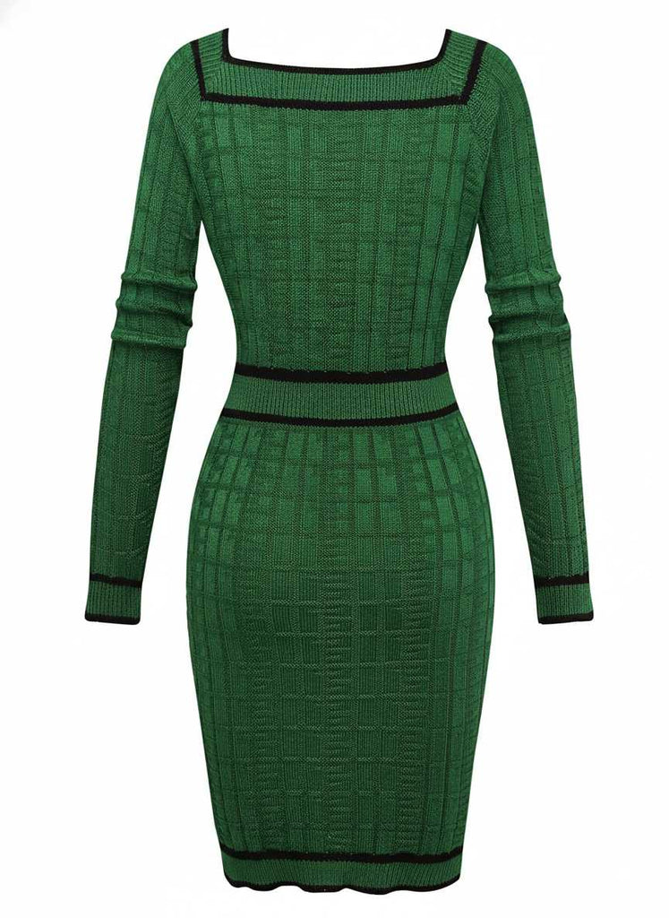 1960s Square Neck Pearl Button Knitted Dress - vintage dress, retro fashion
