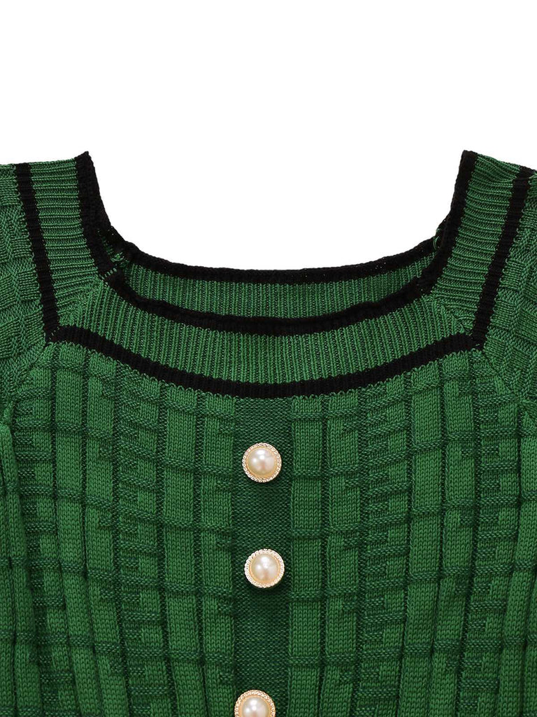 1960s Square Neck Pearl Button Knitted Dress - vintage dress, retro fashion