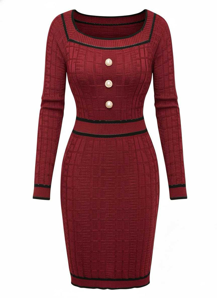 1960s Square Neck Pearl Button Knitted Dress - vintage dress, retro fashion