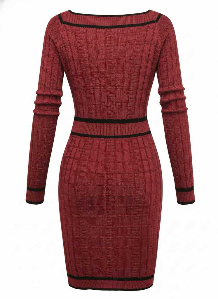 1960s Square Neck Pearl Button Knitted Dress - vintage dress, retro fashion