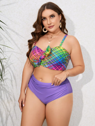 She's wearing 1960s Strap Colorful Plaids Bow Swimsuit and the whole beach remembers the 1960s