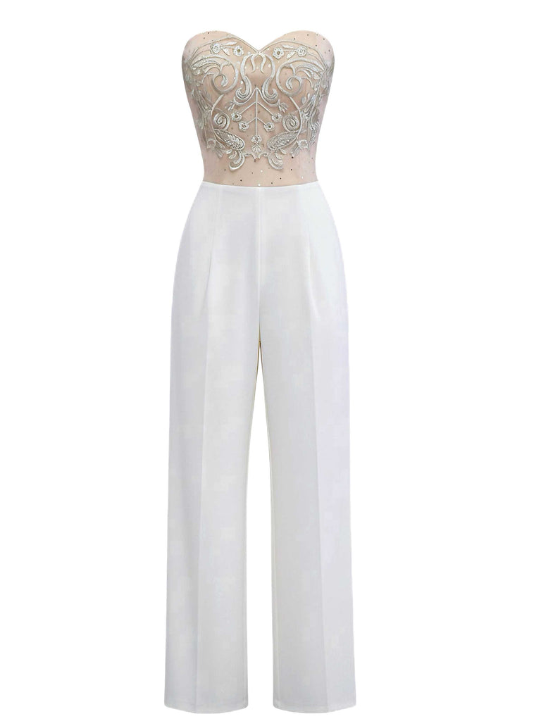 1960s Strapless Embroidered Corset Jumpsuit - vintage jumpsuit, retro fashion, elegant red
