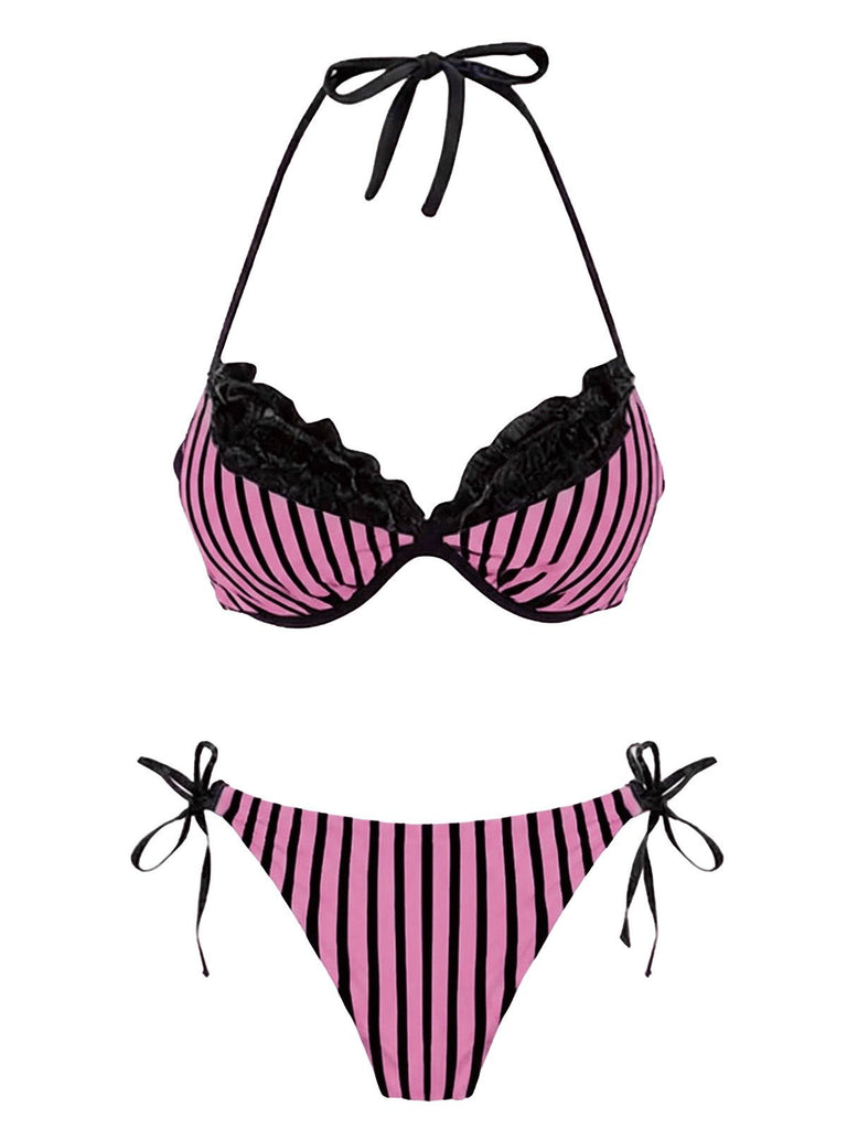 1960s Striped Mesh Halter Bow Bikini Set - vintage fashion, retro style