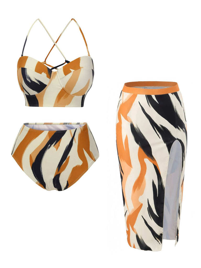 2PCS Multicolor 1960s Artistic Brush Straps Lace-Up Swimsuit & Cover-Up - vintage swimsuit, pin-up style