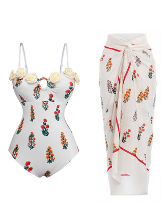 2PCS White 1960s 3D-Flower Spaghetti Straps Swimsuit & Cover-Up - vintage swimsuit, pin-up style, pure white