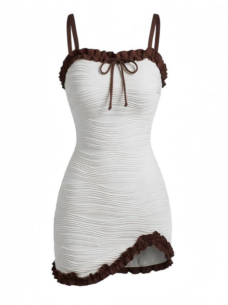 2PCS White 1960s Ruffle Tie Front Textured Bodycon Swimsuit - vintage swimsuit, pin-up style, elegant red