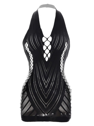 1960s Halter Fishnet Cutout Bodycon Mini Swimsuit Cover-Up - vintage swimsuit, pin-up style