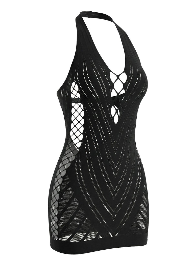 1960s Halter Fishnet Cutout Bodycon Mini Swimsuit Cover-Up - vintage swimsuit, pin-up style