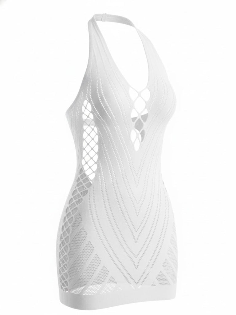 1960s Halter Fishnet Cutout Bodycon Mini Swimsuit Cover-Up - vintage swimsuit, pin-up style