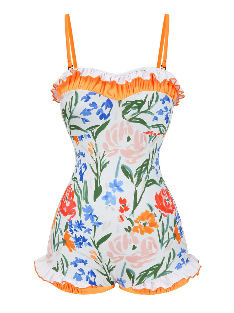 Multicolor 1960s Painted Floral Bandeau One-Piece Swimsuit - vintage swimsuit, pin-up style